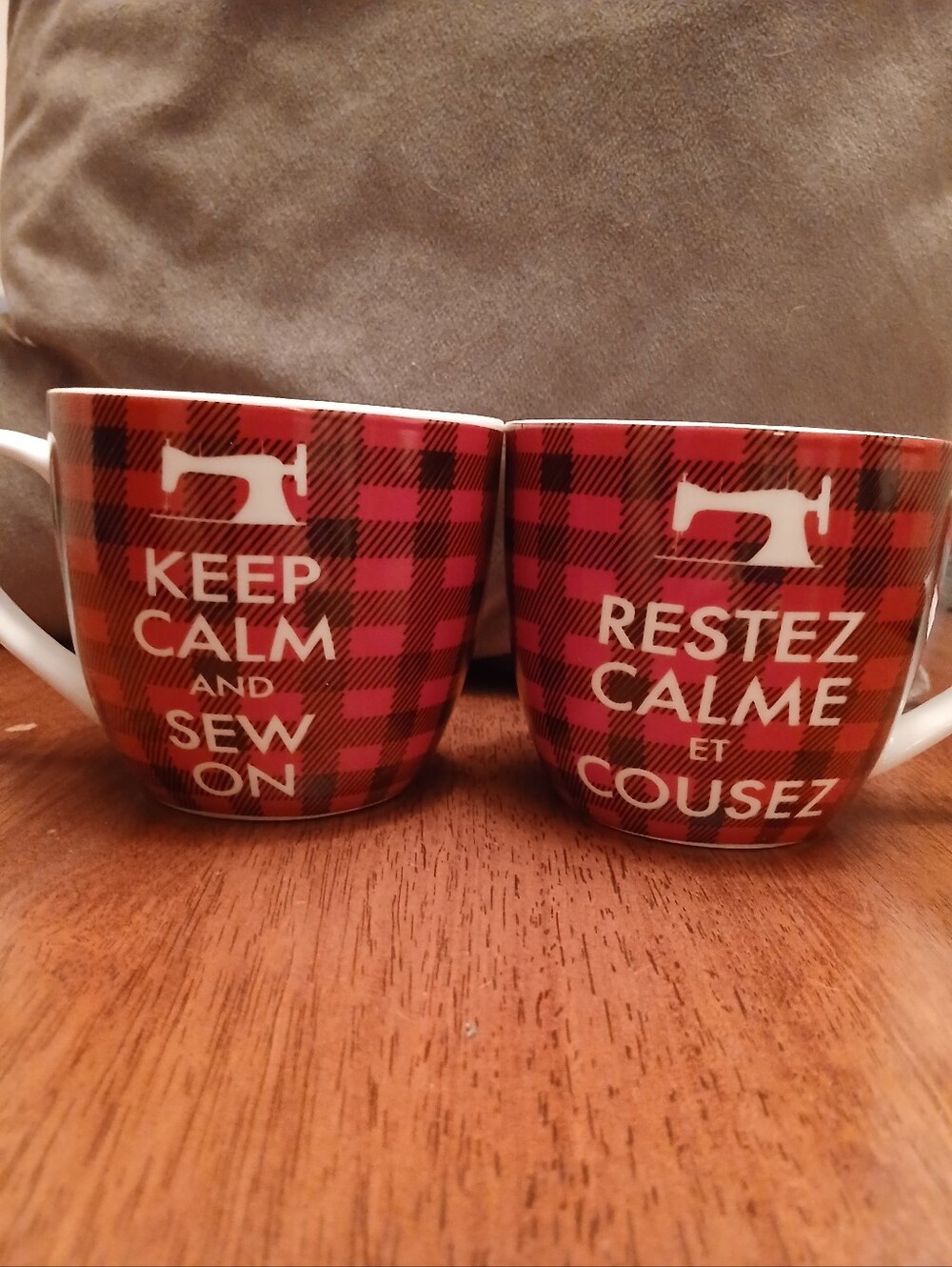 Red Plaid 'Keep Calm and Sew On' Ceramic Mug (French version too!).Price for 2